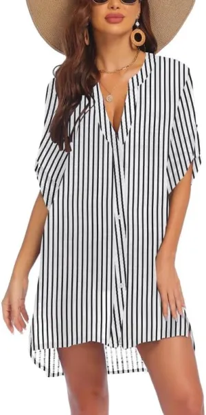 AI'MAGE Women's Swimsuit Beach Cover Ups Shirt V-Neck Button Down Bathing Suit Coverup Bikini Swimwear, Black and White Stripes, Large