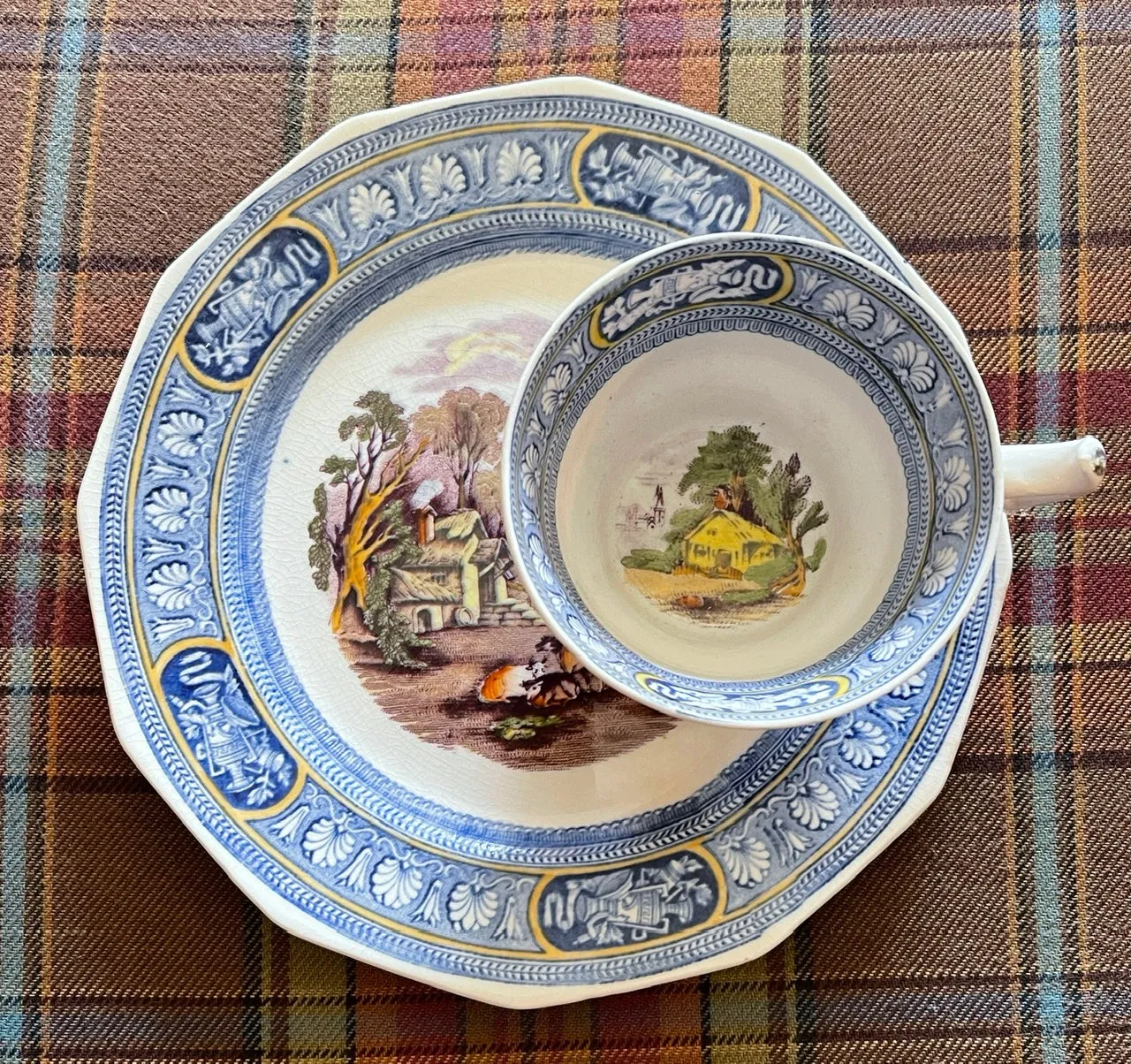 Bi-Color Blue & Purple Transferware Plate & Cup Snack Set  Farm Scene Cows