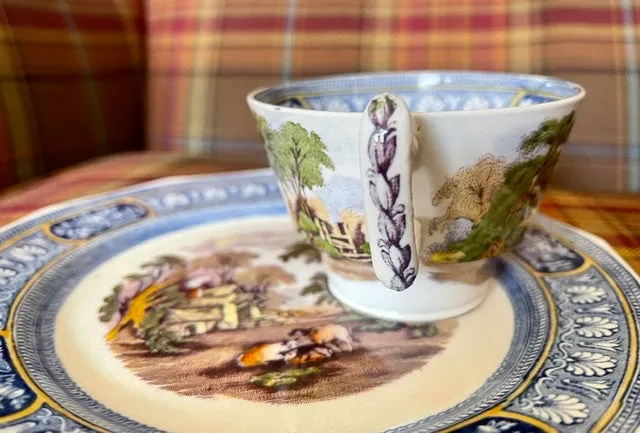 Bi-Color Blue & Purple Transferware Plate & Cup Snack Set  Farm Scene Cows