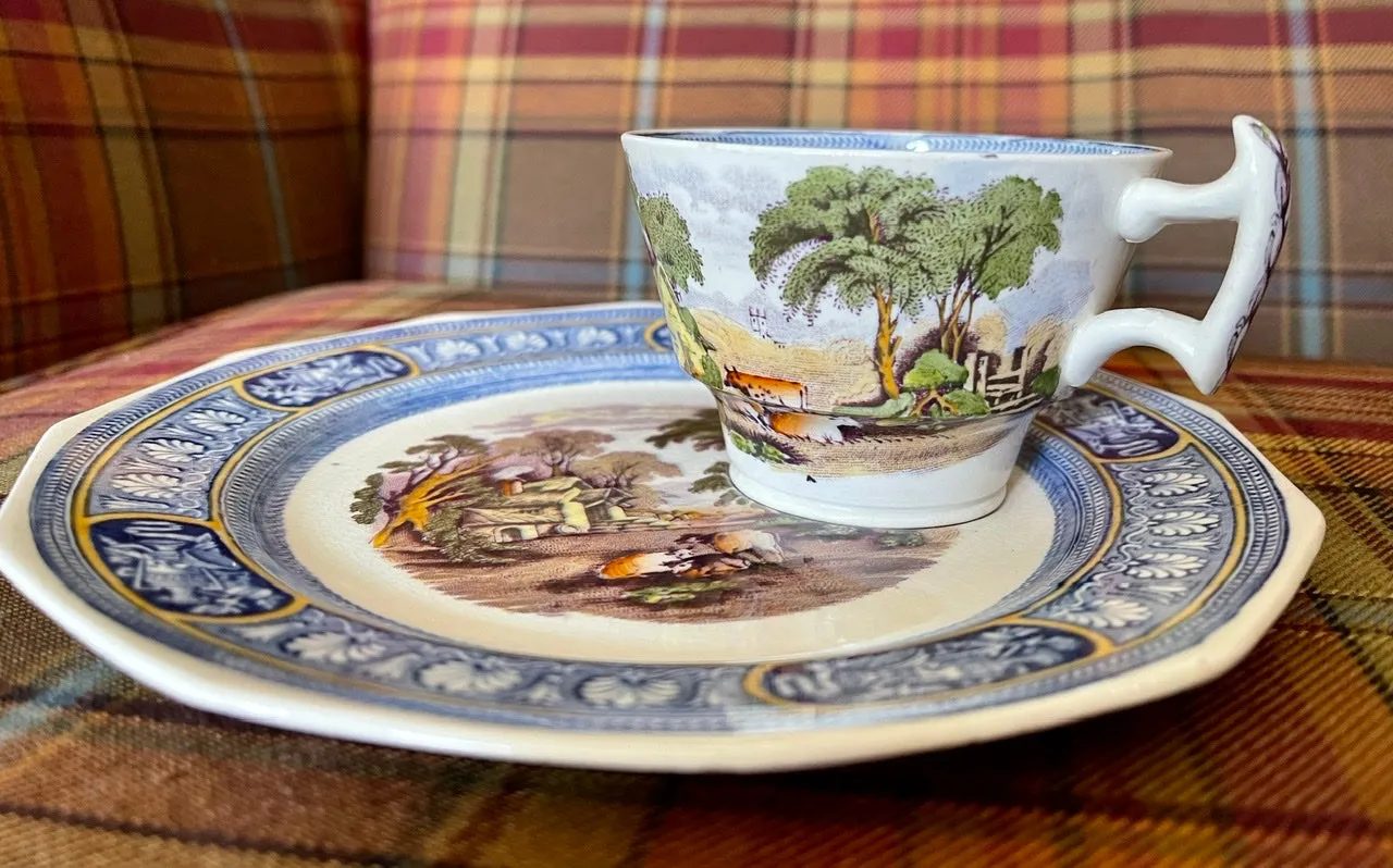 Bi-Color Blue & Purple Transferware Plate & Cup Snack Set  Farm Scene Cows