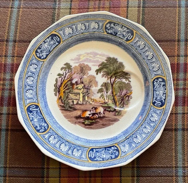 Bi-Color Blue & Purple Transferware Plate & Cup Snack Set  Farm Scene Cows