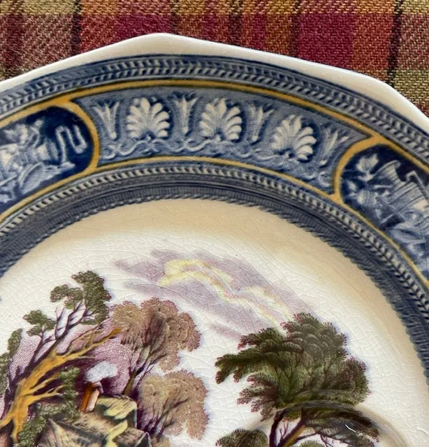 Bi-Color Blue & Purple Transferware Plate & Cup Snack Set  Farm Scene Cows