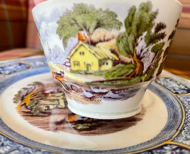 Bi-Color Blue & Purple Transferware Plate & Cup Snack Set  Farm Scene Cows