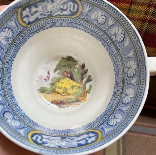Bi-Color Blue & Purple Transferware Plate & Cup Snack Set  Farm Scene Cows