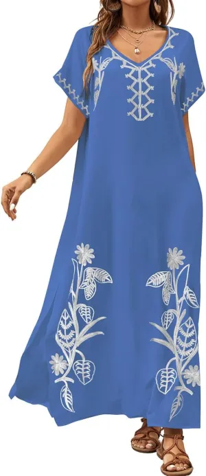 Bsubseach Kaftan Dresses for Women Swimsuit Coverup Beach Caftans Cover Ups for Swimwear Loungewear Floral Embroidery