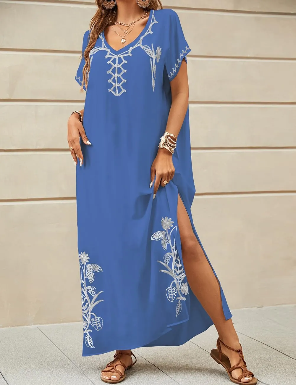 Bsubseach Kaftan Dresses for Women Swimsuit Coverup Beach Caftans Cover Ups for Swimwear Loungewear Floral Embroidery
