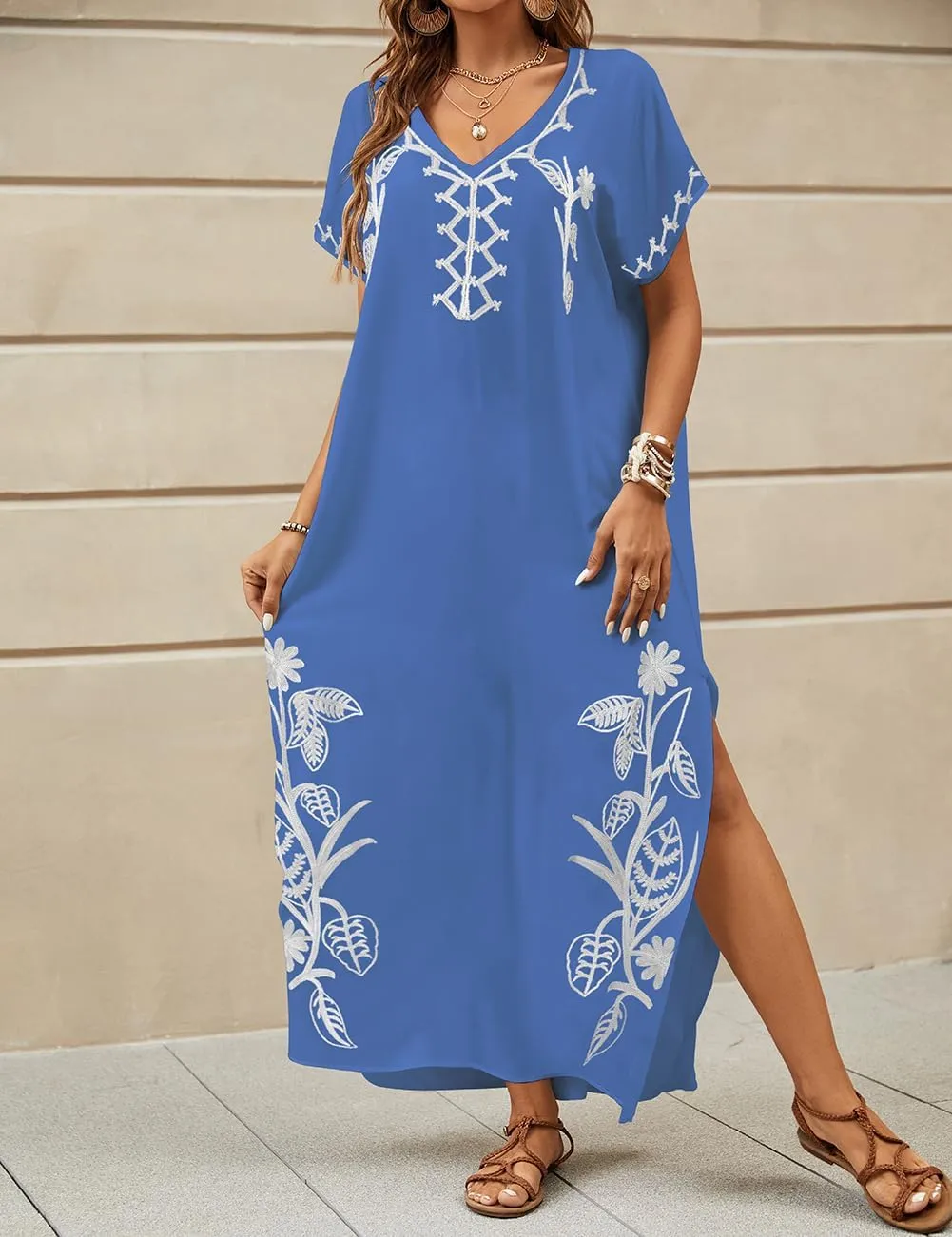 Bsubseach Kaftan Dresses for Women Swimsuit Coverup Beach Caftans Cover Ups for Swimwear Loungewear Floral Embroidery