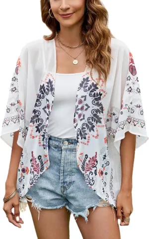 Chunoy Women Chiffon Kimono Cardigan Short Sleeve Open Front Tops Beach Wear Cover Up