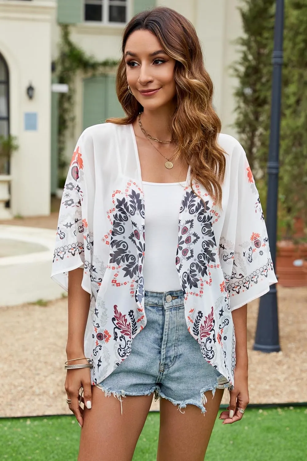 Chunoy Women Chiffon Kimono Cardigan Short Sleeve Open Front Tops Beach Wear Cover Up