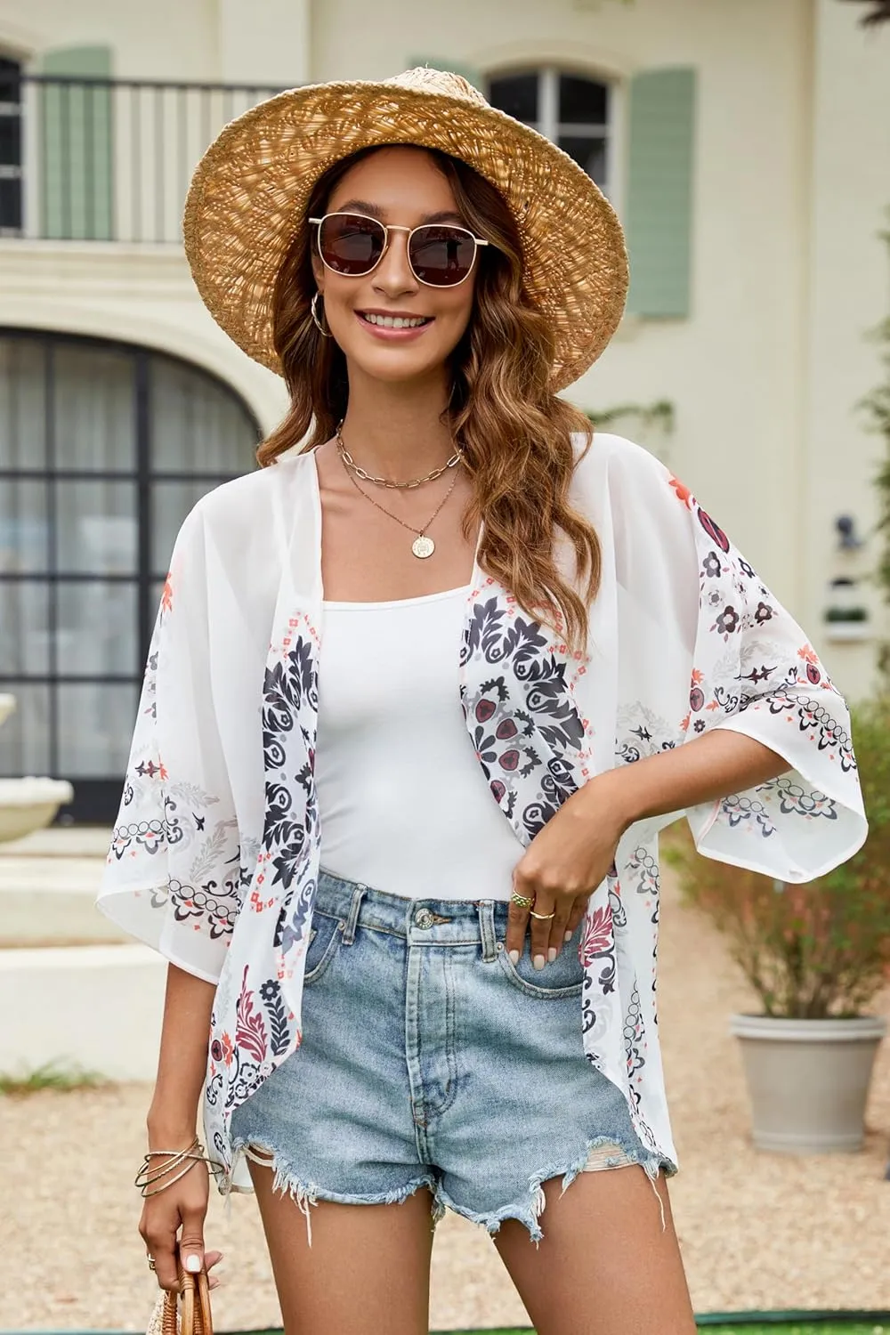 Chunoy Women Chiffon Kimono Cardigan Short Sleeve Open Front Tops Beach Wear Cover Up