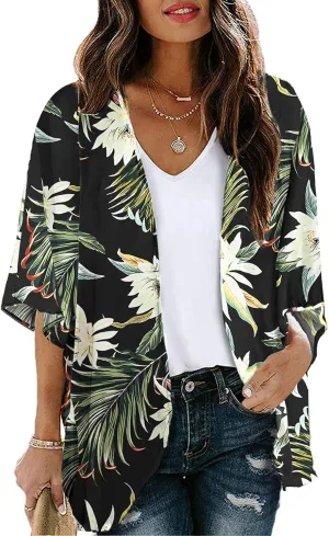 Chunoy Women Floral Print Short Sleeve Plus Size Beach Wear Kimono Cardigan Blouse Cover Up Tops XX-Large