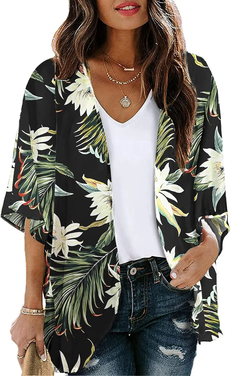 Chunoy Women Floral Print Short Sleeve Plus Size Beach Wear Kimono Cardigan Blouse Cover Up Tops XX-Large