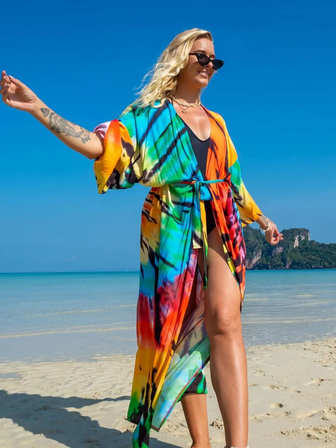 Chunoy Women Long Kimono Cardigan Open Front Bathing Suit Dress Lightweight Beach Cover Up