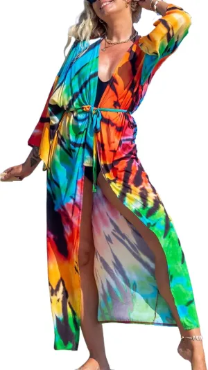 Chunoy Women Long Kimono Cardigan Open Front Bathing Suit Dress Lightweight Beach Cover Up