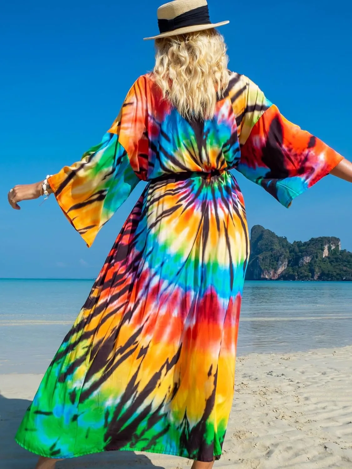 Chunoy Women Long Kimono Cardigan Open Front Bathing Suit Dress Lightweight Beach Cover Up