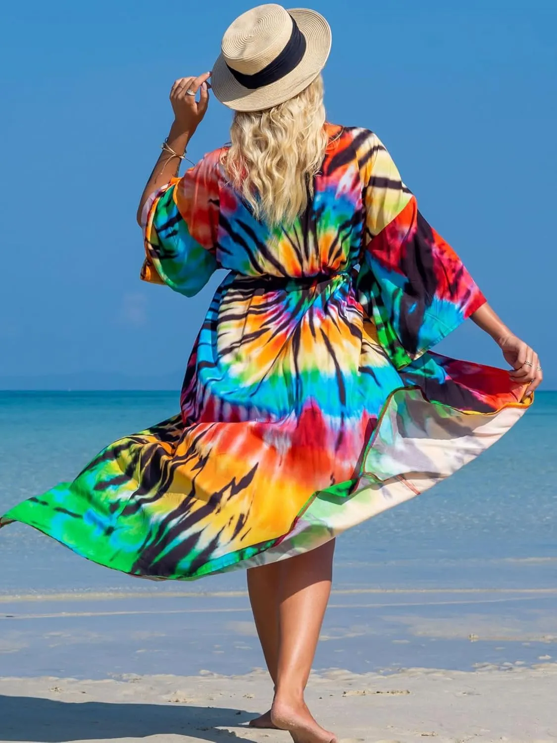 Chunoy Women Long Kimono Cardigan Open Front Bathing Suit Dress Lightweight Beach Cover Up