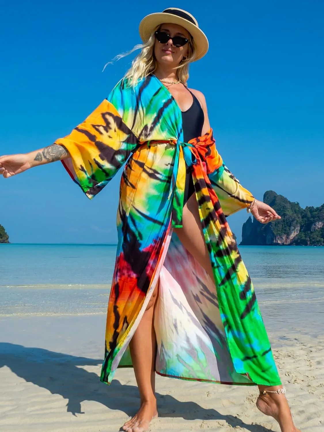 Chunoy Women Long Kimono Cardigan Open Front Bathing Suit Dress Lightweight Beach Cover Up