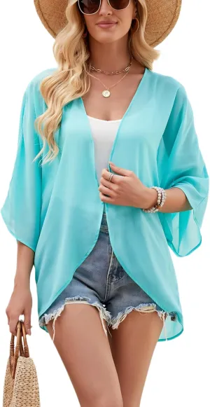 Chunoy Women Summer Chiffon Kimono Cardigan Open Front Loose Tops Lightweight Sheer Beach Cover Up Turquoise Medium