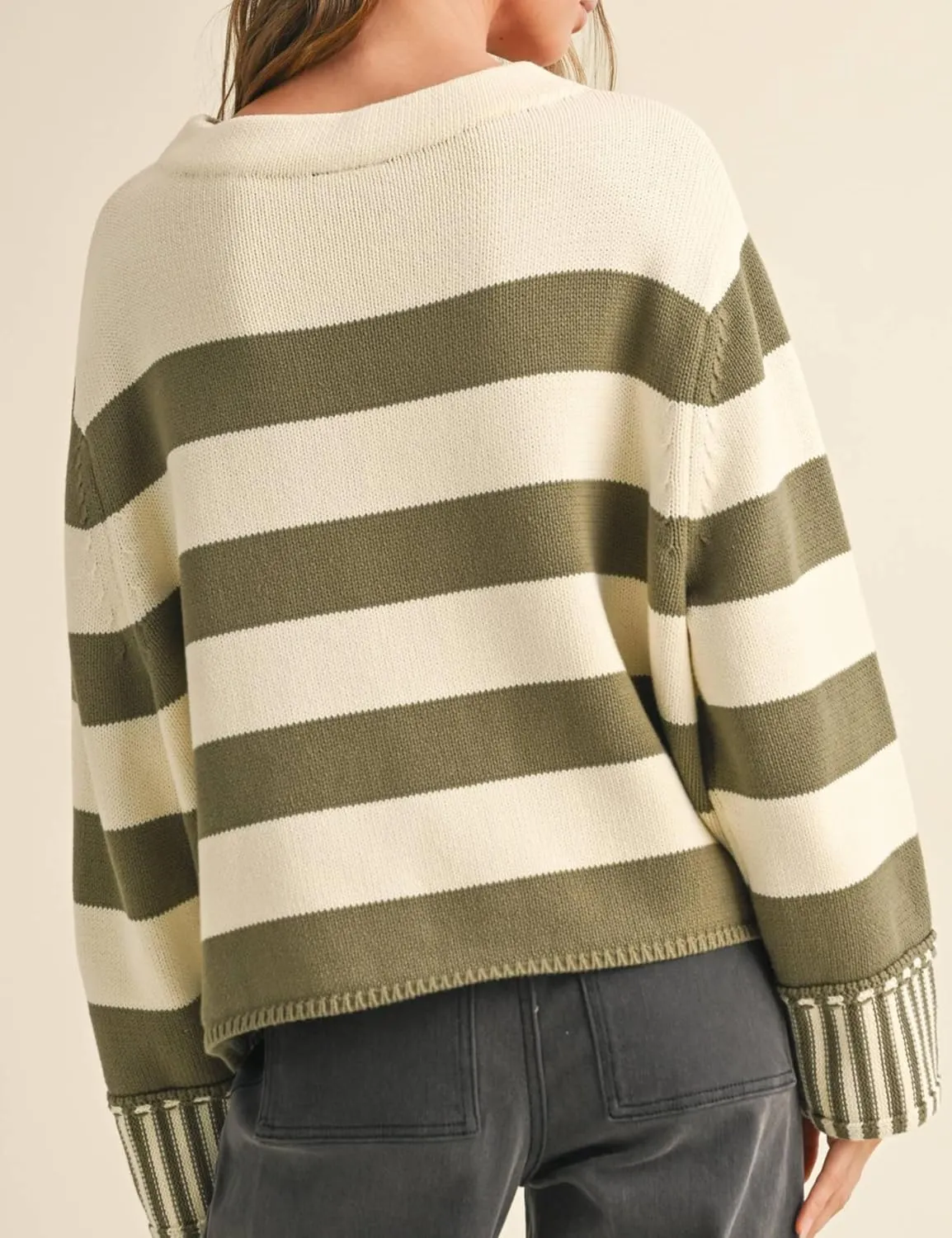 Esmeling Women's Casual Loose Striped Sweater Fall Long Sleeve Crew Neck Knitted Pullover Tops