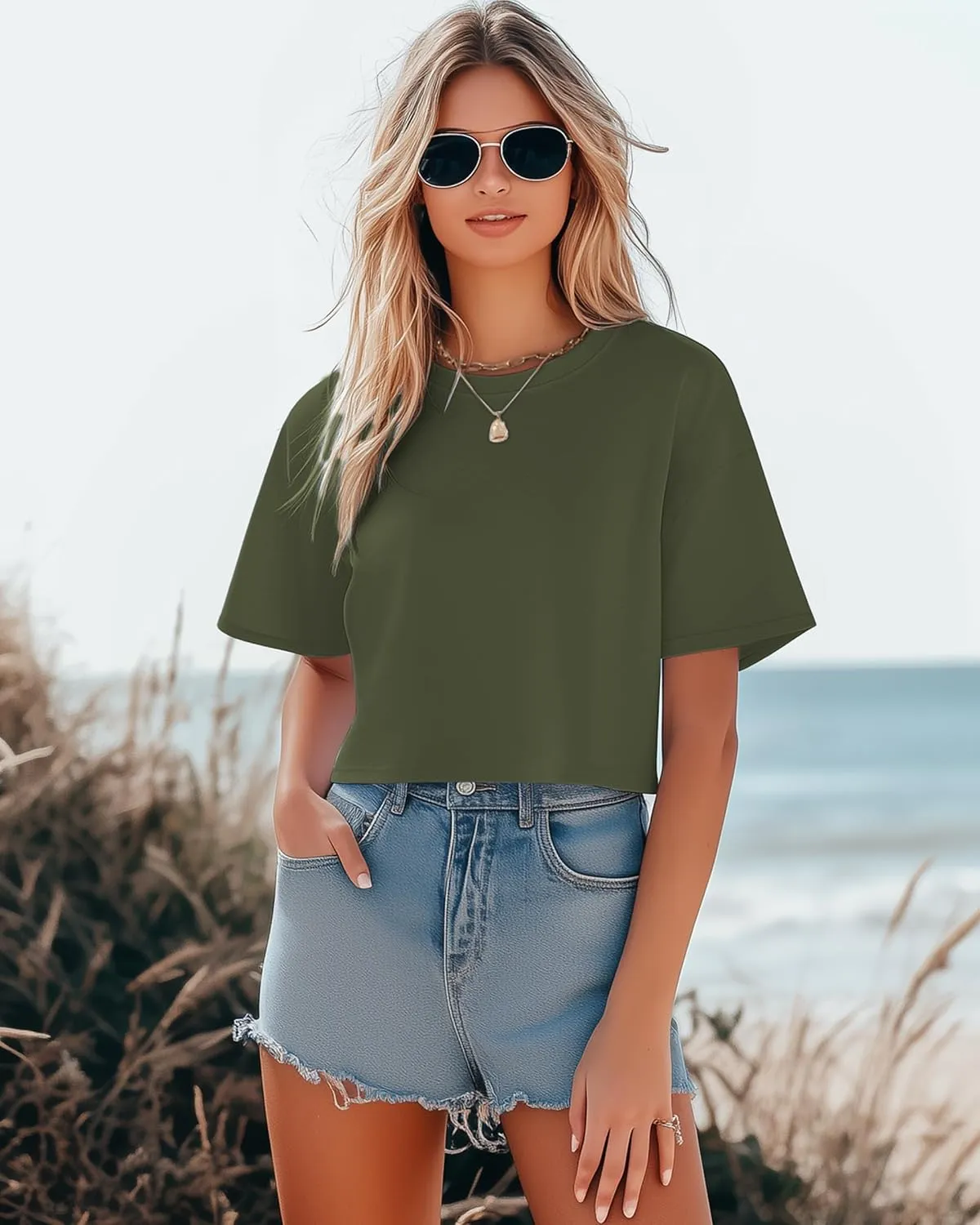 Ficerd 3 Pack Women Crop Tops Half Sleeve Cropped T Shirts Casual Crew Neck Drop Shoulder Loose Summer Solid Color