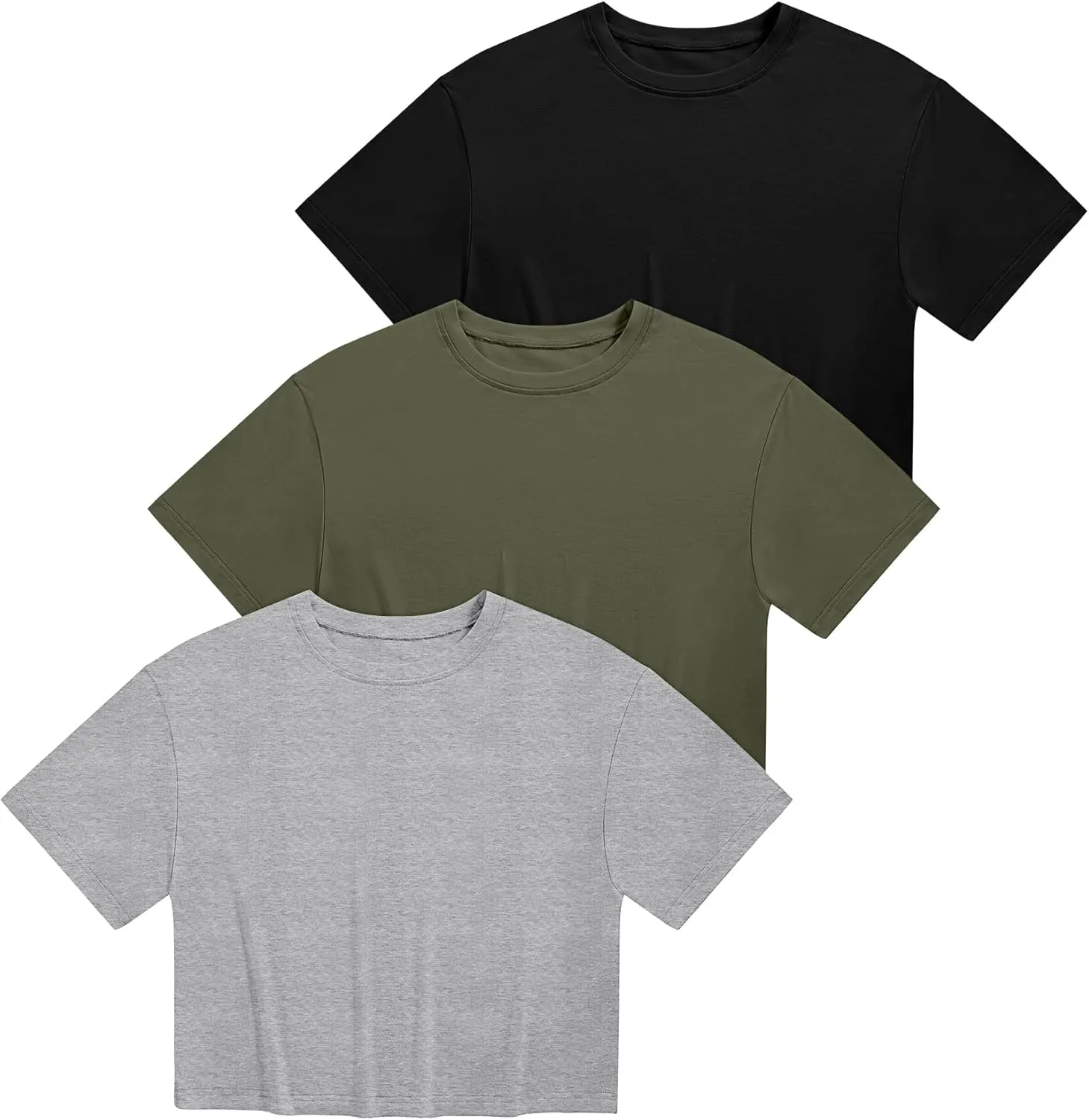 Ficerd 3 Pack Women Crop Tops Half Sleeve Cropped T Shirts Casual Crew Neck Drop Shoulder Loose Summer Solid Color
