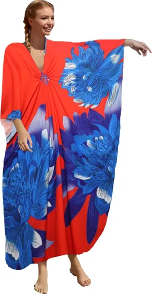 floral Kaftan Dresses for Women Plus size Beach cover up wave neck Batwing sleeve