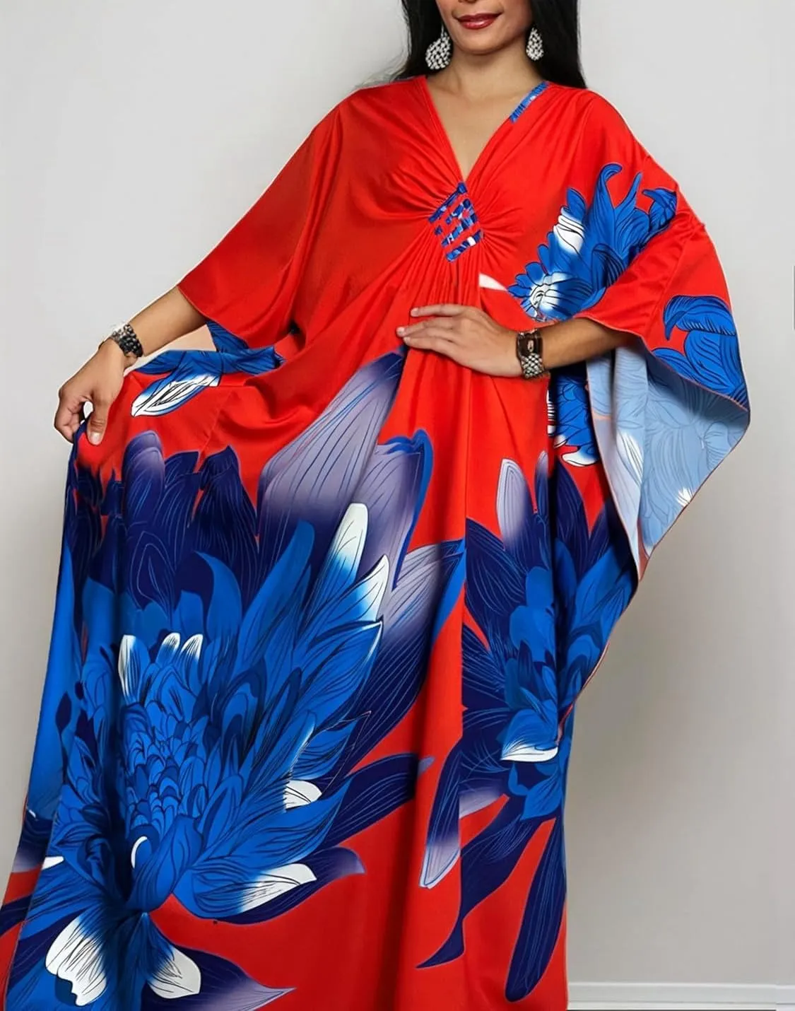 floral Kaftan Dresses for Women Plus size Beach cover up wave neck Batwing sleeve