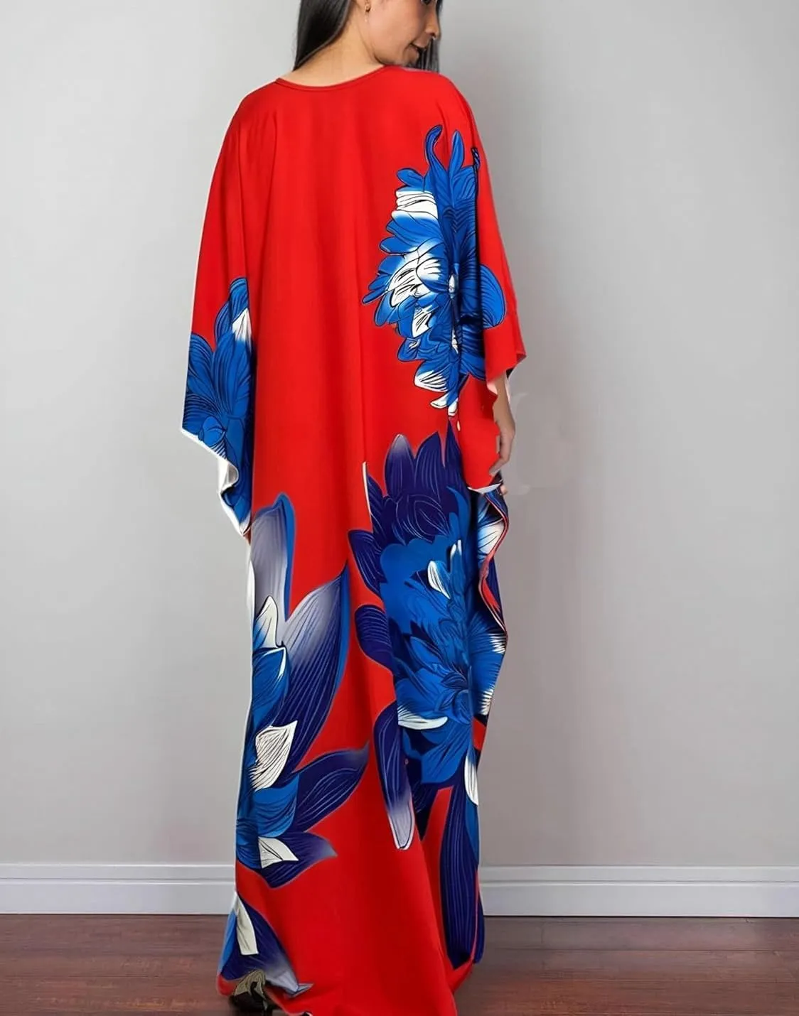 floral Kaftan Dresses for Women Plus size Beach cover up wave neck Batwing sleeve