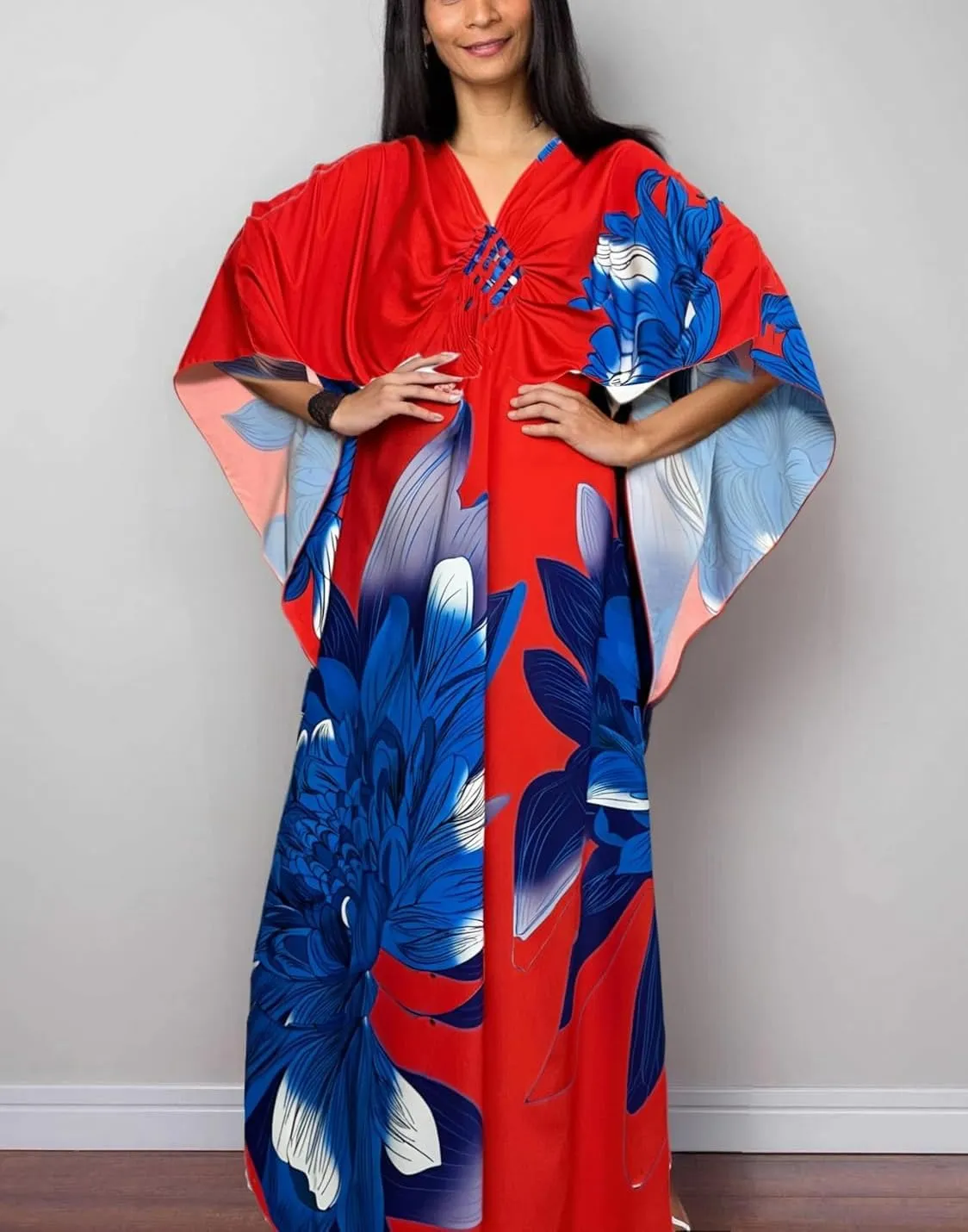 floral Kaftan Dresses for Women Plus size Beach cover up wave neck Batwing sleeve
