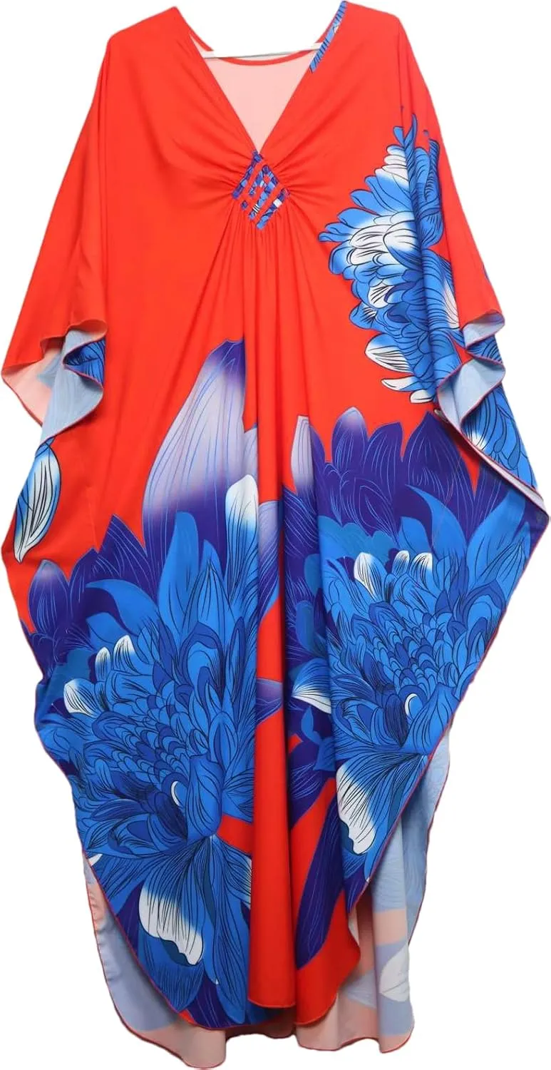 floral Kaftan Dresses for Women Plus size Beach cover up wave neck Batwing sleeve