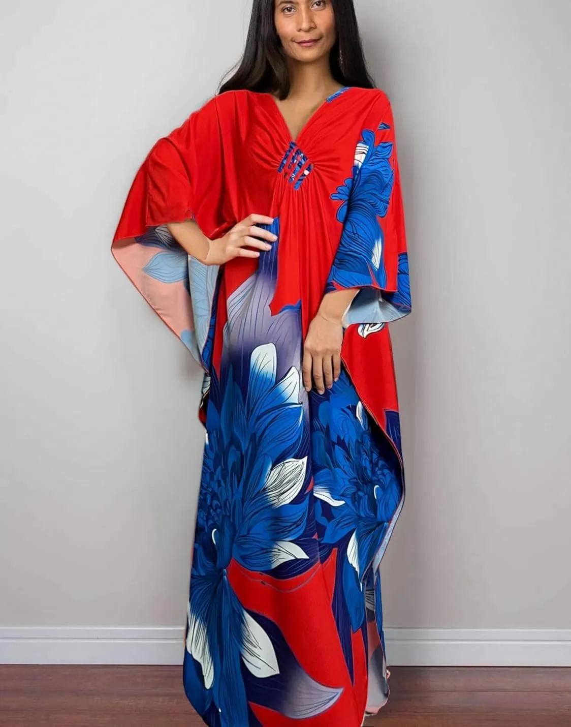 floral Kaftan Dresses for Women Plus size Beach cover up wave neck Batwing sleeve