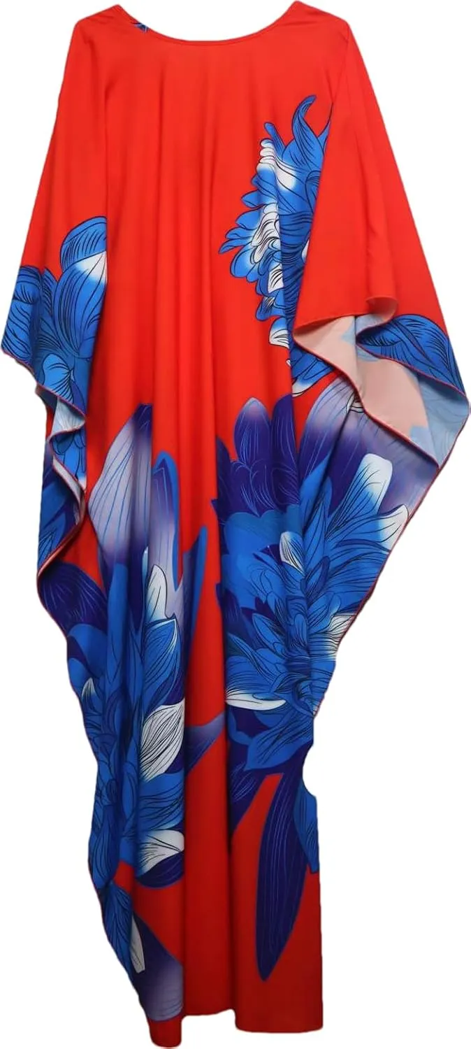 floral Kaftan Dresses for Women Plus size Beach cover up wave neck Batwing sleeve