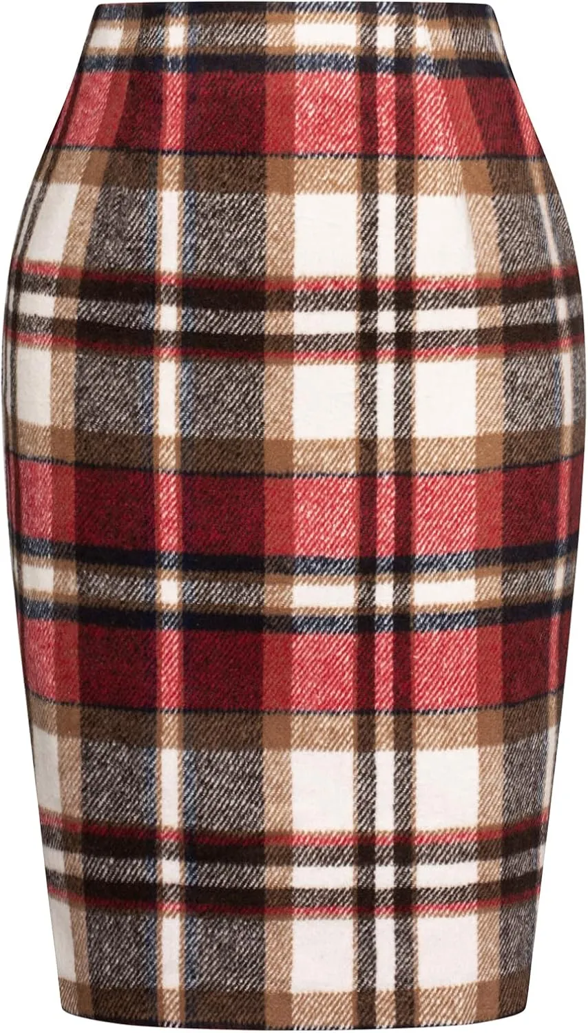 Kate Kasin Womens Wool Plaid Pencil Skirt High Waist Slit Stretchy Bodycon Fall Winter Knee Length Midi Skirt