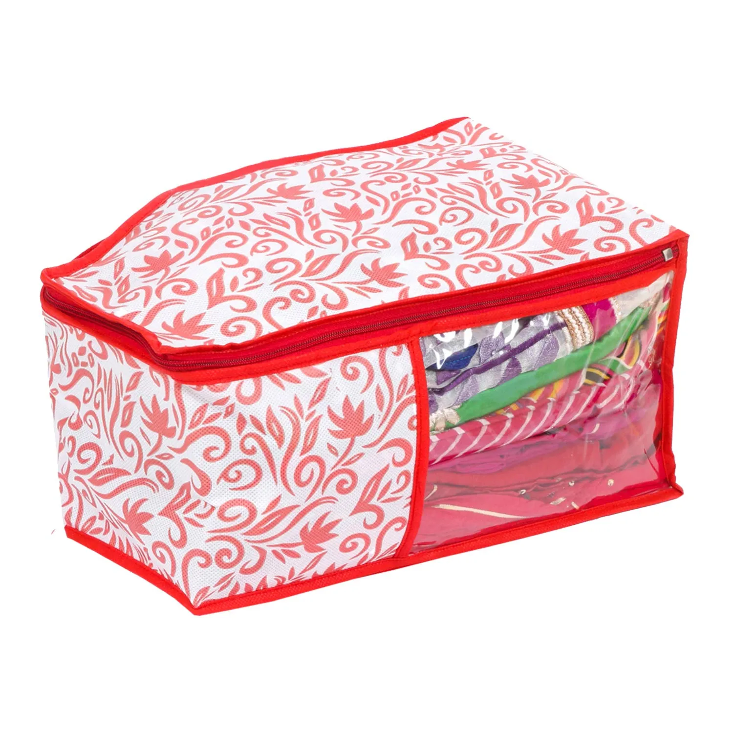 Kuber Industries Floral Design 3 Pieces Non Woven Blouse Cover Set (Red & White) - CTKTC23188