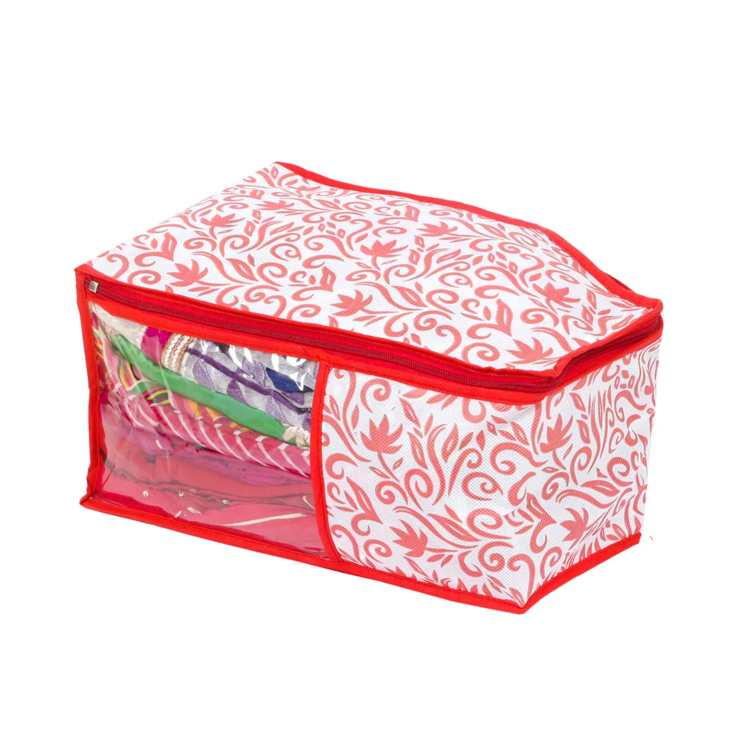 Kuber Industries Floral Design 3 Pieces Non Woven Blouse Cover Set (Red & White) - CTKTC23188