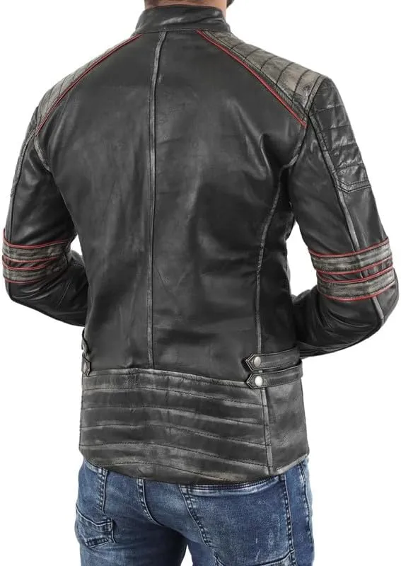 Mens Cafe Racer Vintage Riding Lambskin Leather Retro Motorcycle Black DISTRESSED LEATHER BIKER JACKET
