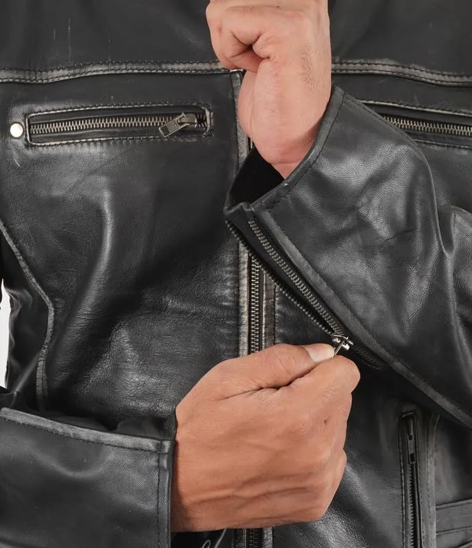Mens Cafe Racer Vintage Riding Lambskin Leather Retro Motorcycle Black DISTRESSED LEATHER BIKER JACKET