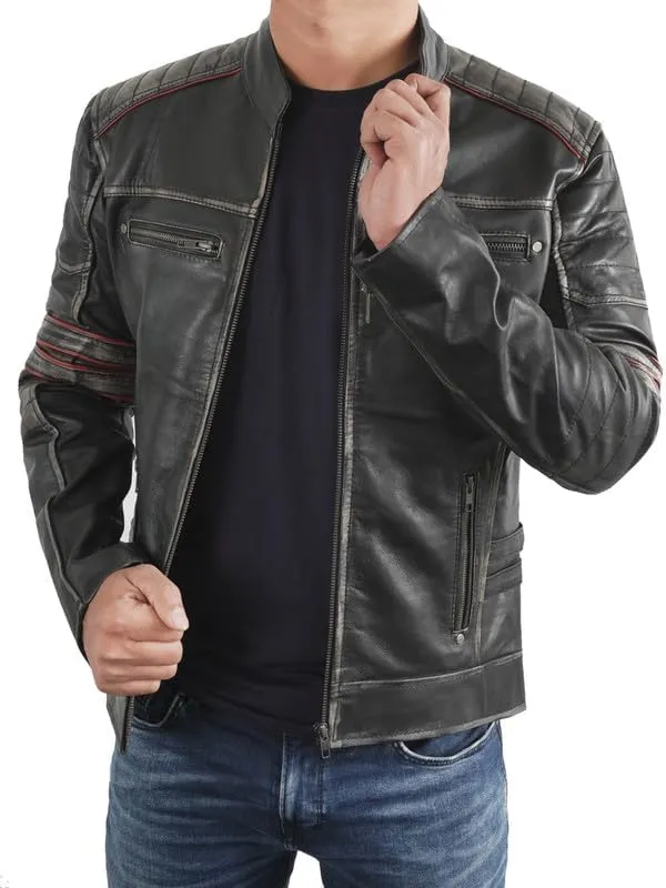 Mens Cafe Racer Vintage Riding Lambskin Leather Retro Motorcycle Black DISTRESSED LEATHER BIKER JACKET