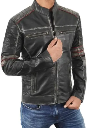 Mens Cafe Racer Vintage Riding Lambskin Leather Retro Motorcycle Black DISTRESSED LEATHER BIKER JACKET