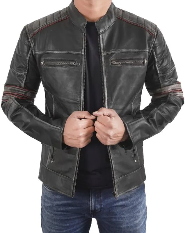 Mens Cafe Racer Vintage Riding Lambskin Leather Retro Motorcycle Black DISTRESSED LEATHER BIKER JACKET
