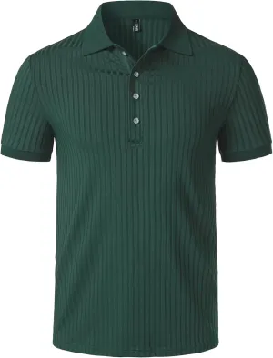Men's Stretch Knit Slim Fit Polo Shirts Casual Short Sleeve Ribbed Collar Muscle Golf Shirt