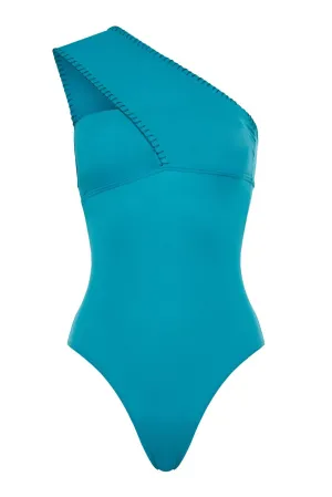 Olivia One Shoulder Embroidered One-Piece Carribean Blue
