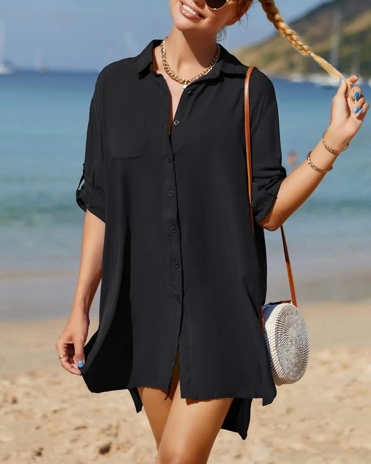 Pinup Fashion Womens Swimsuit Coverup Button Up Swim Cover Ups for Swimwear Women Shirt Bathing Suit Cover Up Beach Coverups