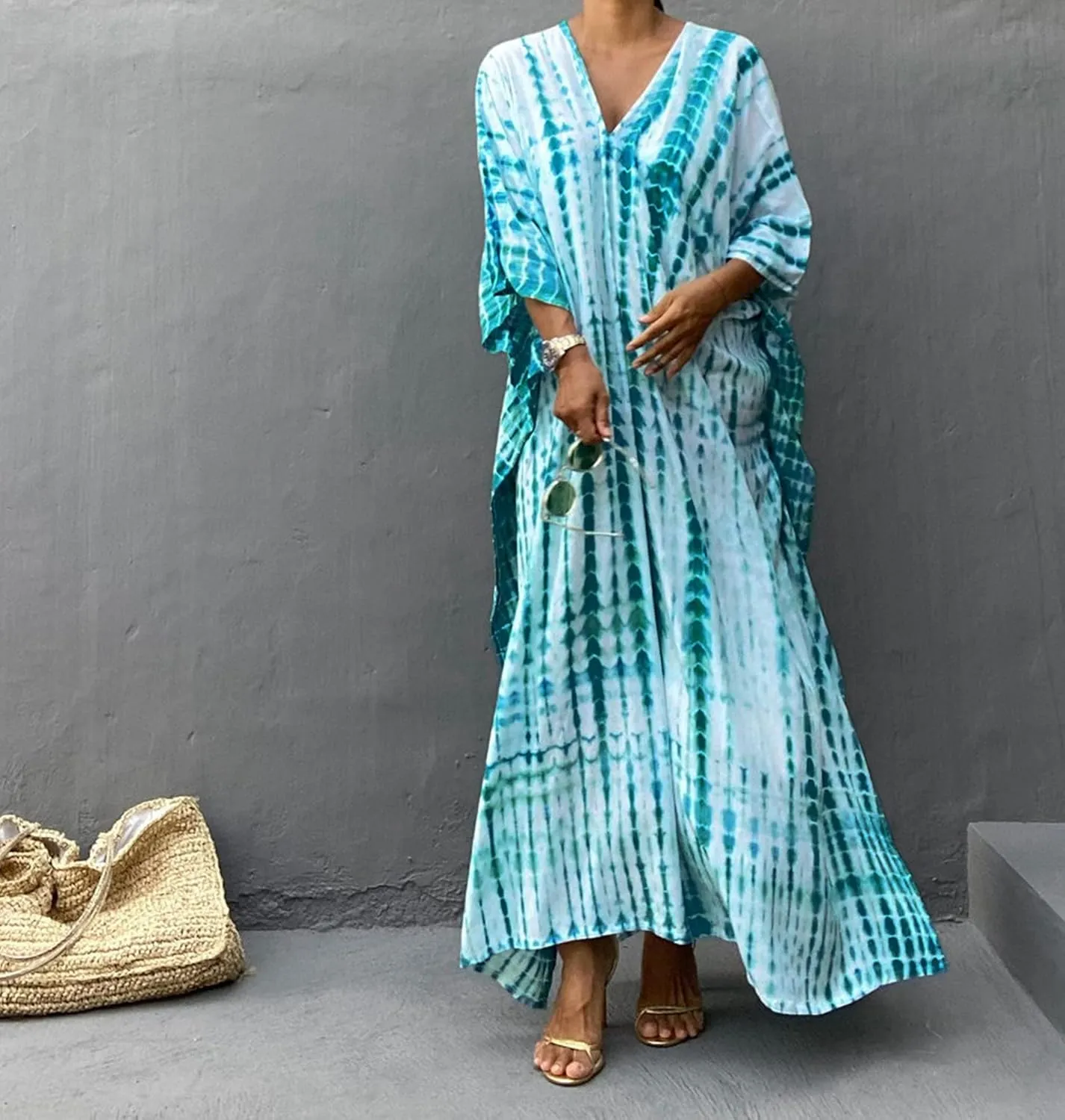 RanRui Kaftan Kaftans Caftan Dresses for Women Women's Plus Size Caftans Stripe Print tie dye Vneck Kaftan Dresses