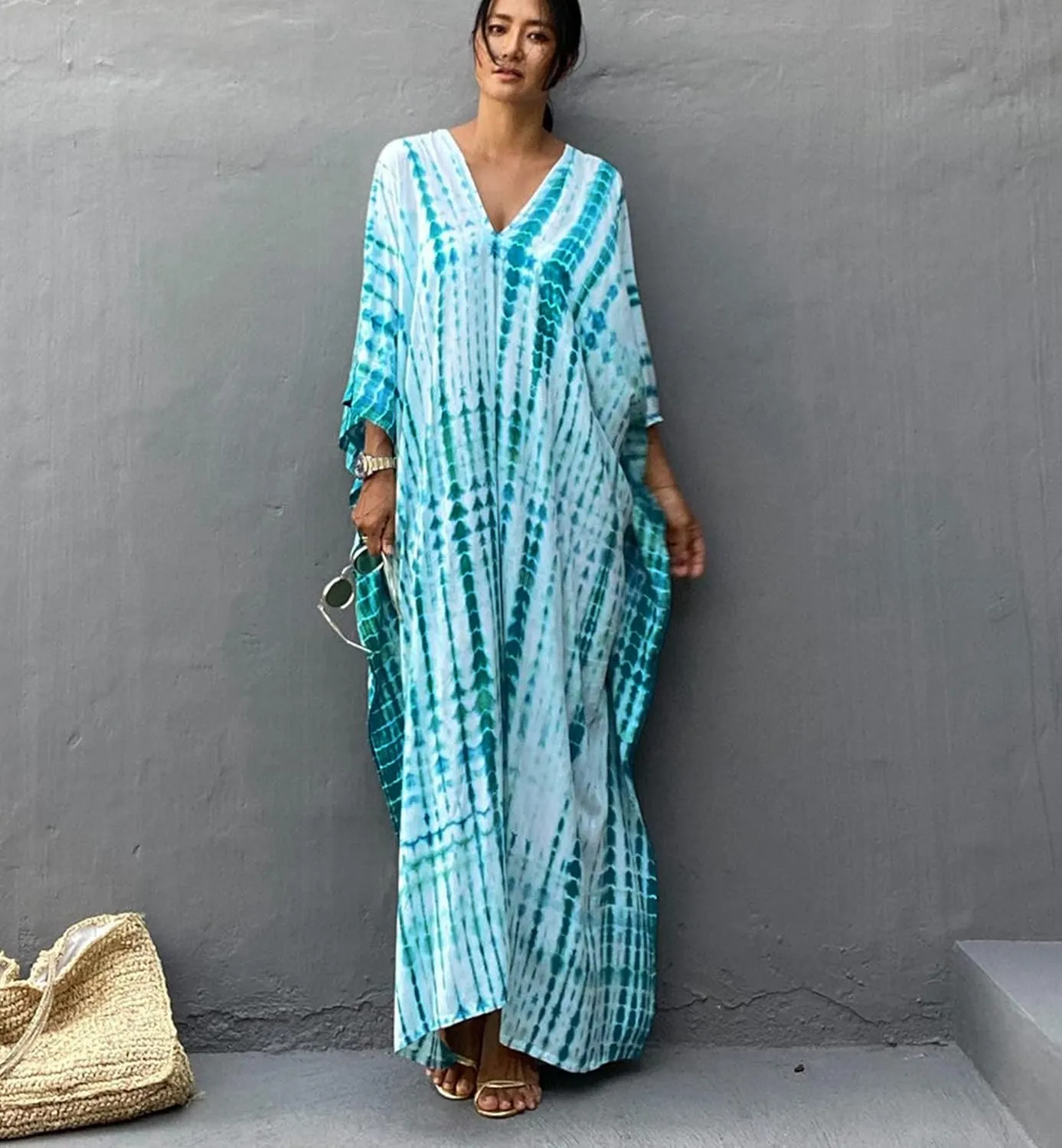 RanRui Kaftan Kaftans Caftan Dresses for Women Women's Plus Size Caftans Stripe Print tie dye Vneck Kaftan Dresses
