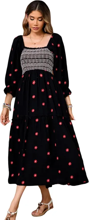 R.Vivimos Women's Long Sleeve Cotton Boho Midi Dress Vintage Square Neck Floral Embroidered Tiered Ruffle Flowy Pockets Dress