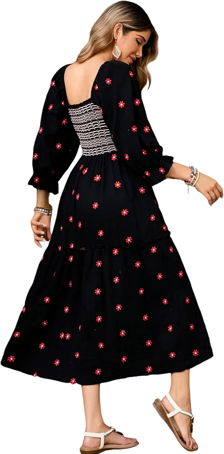 R.Vivimos Women's Long Sleeve Cotton Boho Midi Dress Vintage Square Neck Floral Embroidered Tiered Ruffle Flowy Pockets Dress