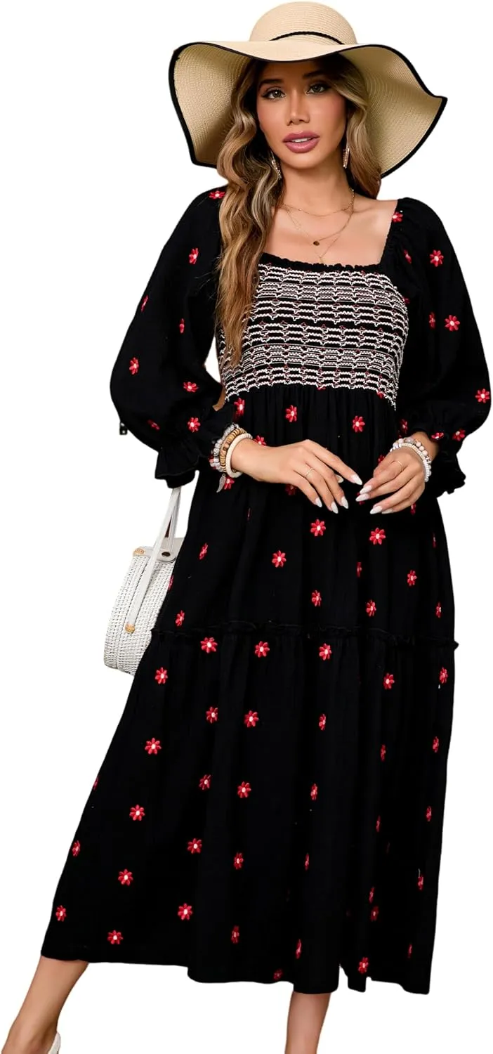 R.Vivimos Women's Long Sleeve Cotton Boho Midi Dress Vintage Square Neck Floral Embroidered Tiered Ruffle Flowy Pockets Dress