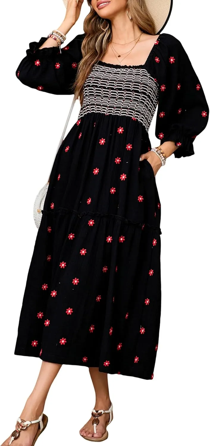 R.Vivimos Women's Long Sleeve Cotton Boho Midi Dress Vintage Square Neck Floral Embroidered Tiered Ruffle Flowy Pockets Dress