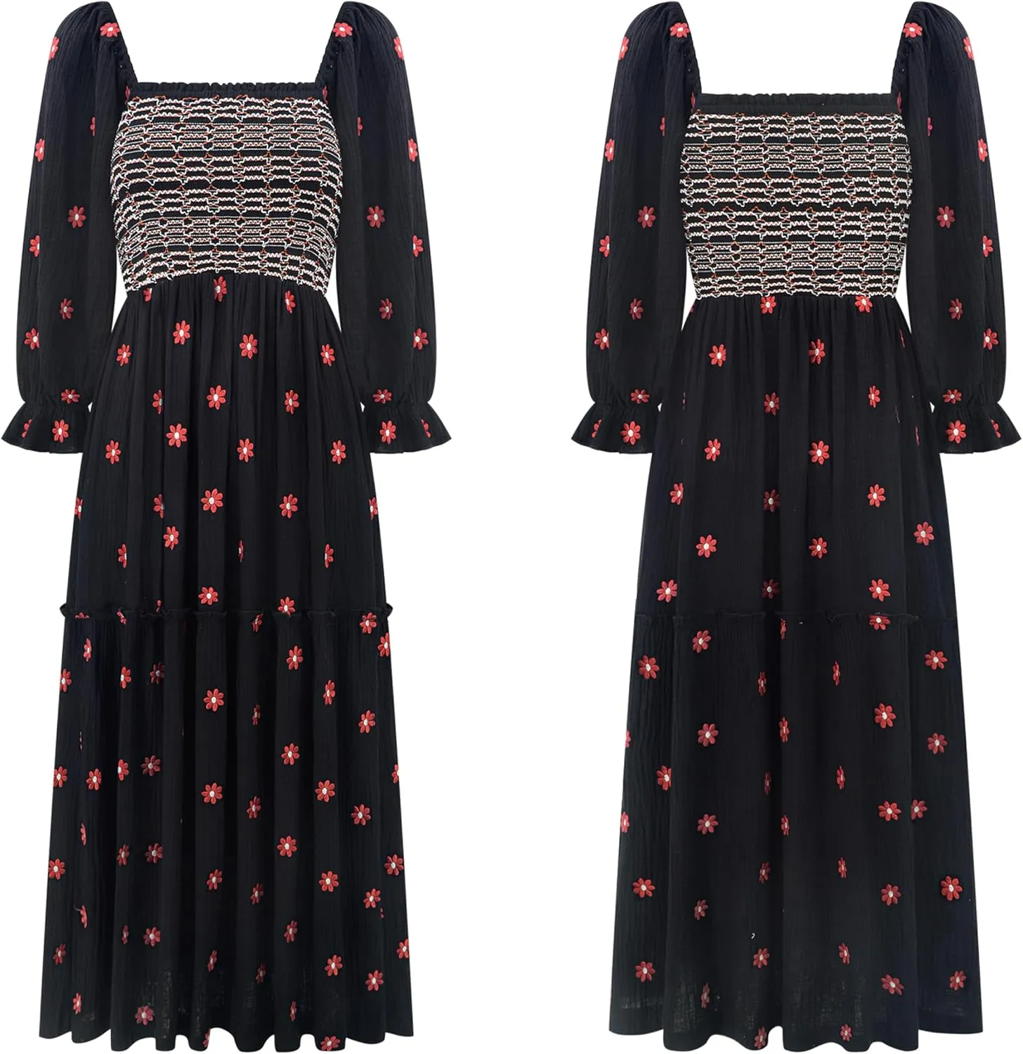 R.Vivimos Women's Long Sleeve Cotton Boho Midi Dress Vintage Square Neck Floral Embroidered Tiered Ruffle Flowy Pockets Dress